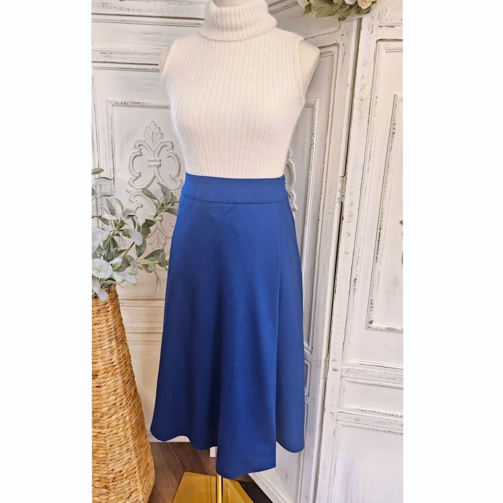 Talbots Blue Italian flannel A-line Faux Wrap Timeless Midi Skirt